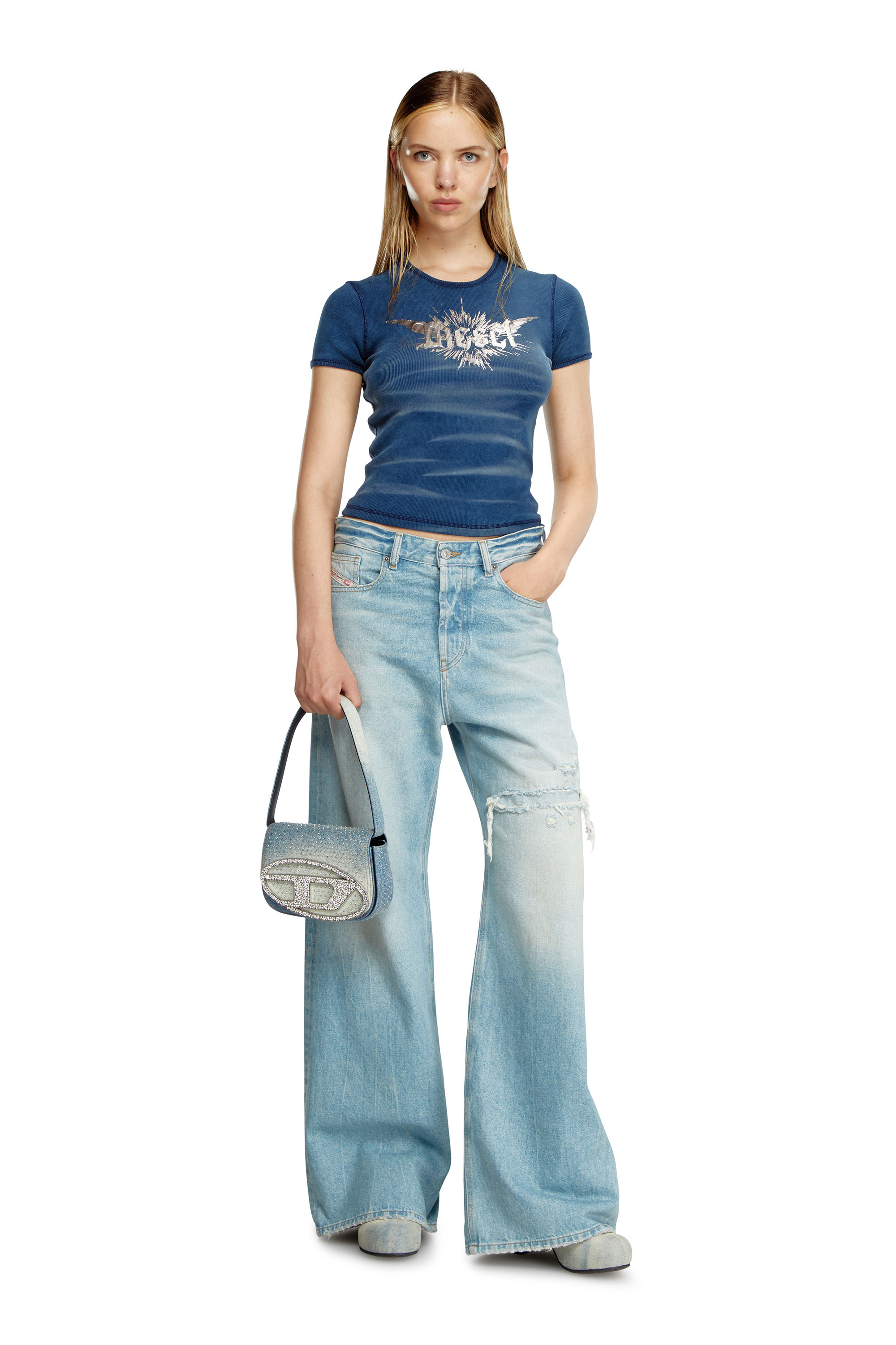 Diesel - 1DR, Woman's 1DR - Iconic shoulder bag in denim and crystals in Light Blue - 2